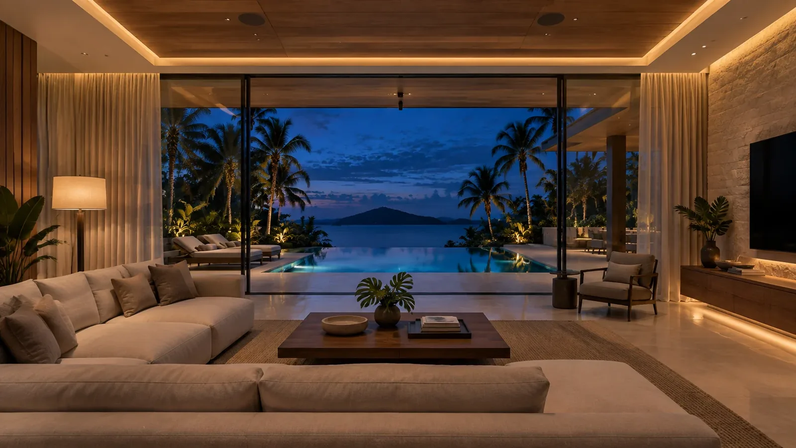 Sala de estar de noche, abierta a la piscina y al mar, sin equipos a la vista