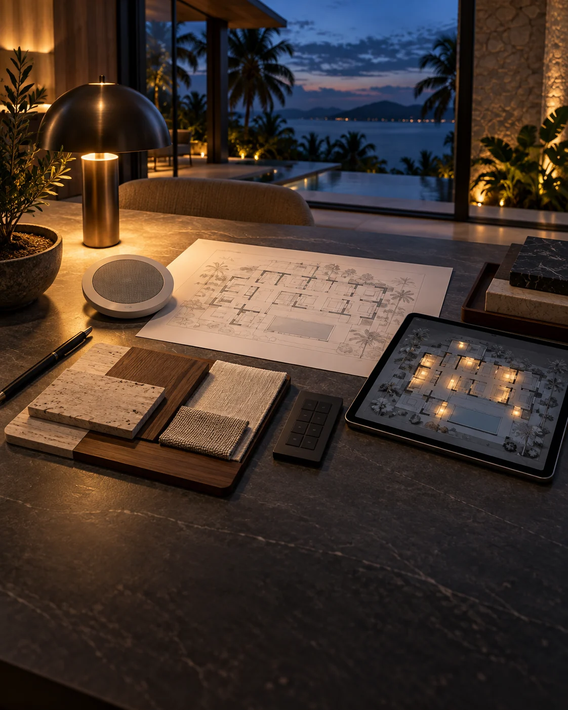 Mesa de trabajo con planos, una tableta y teclados de control bajo una lámpara, junto a una ventana de noche